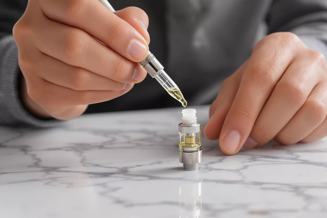 Recargando el depósito del vape con e-líquido Manos recargando un depósito de vape con e-líquido amarillo de un gotero sobre una superficie de mármol.