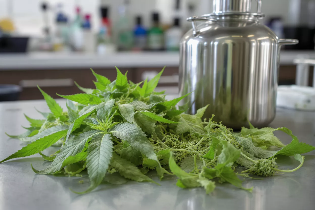 Fresh cannabis and hemp leaves next to a stainless steel extraction vessel.
