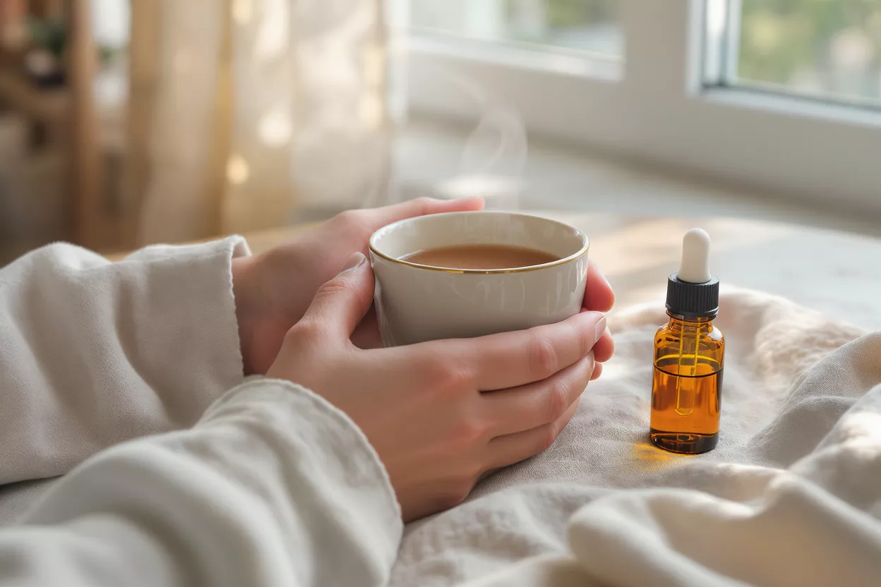 Bebida caliente y aceite esencial Manos sosteniendo una taza humeante junto a un frasco gotero de aceite esencial en ámbar.