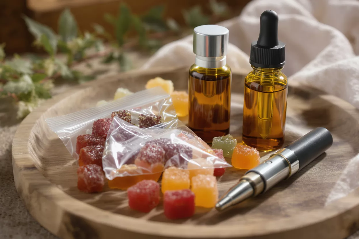 CBD gummies, oil bottles, and vape pen on a wooden tray.