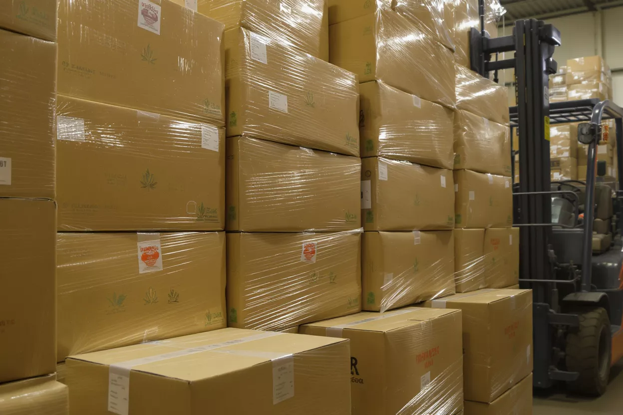 Warehouse Storage with Forklift Stacks of cardboard boxes wrapped in plastic in a warehouse with a forklift.