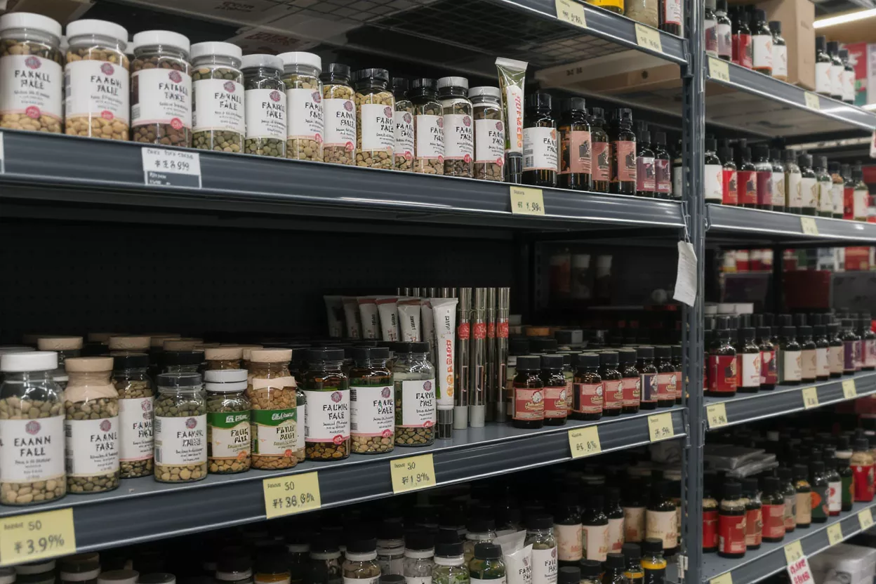 Supermarket Shelves with Food Products Rows of various packaged food products on black shelves in a supermarket.