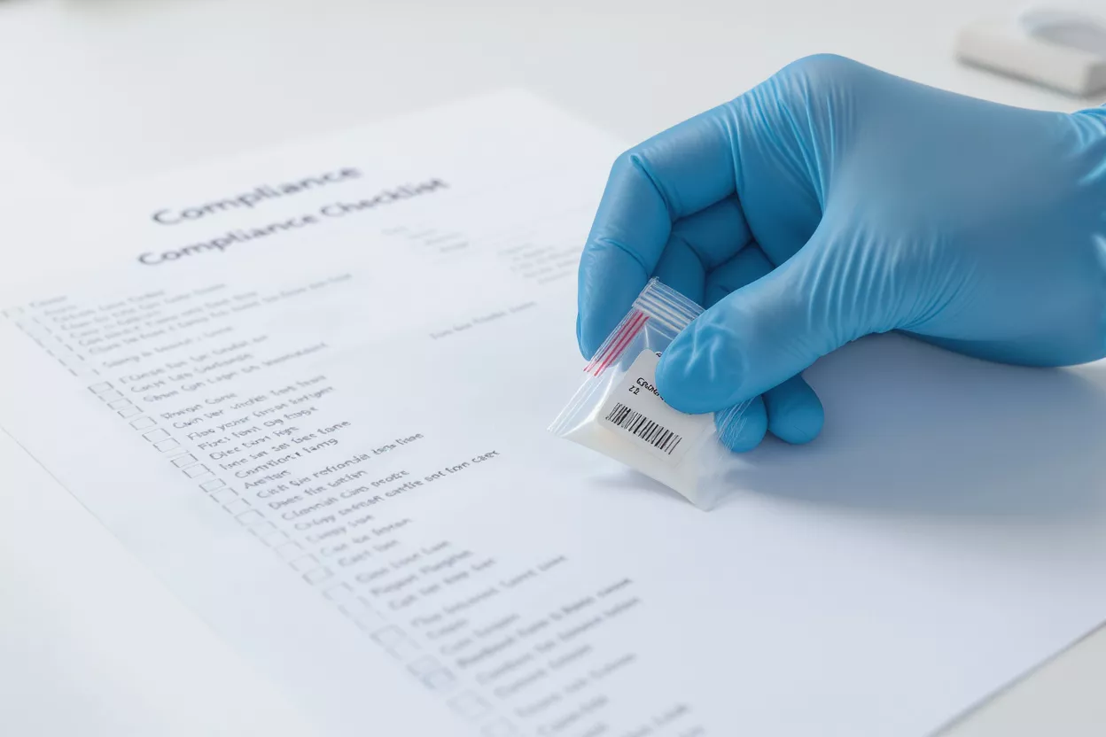 Compliance Checklist and Sample Gloved hand holding a sample bag over a compliance checklist document.