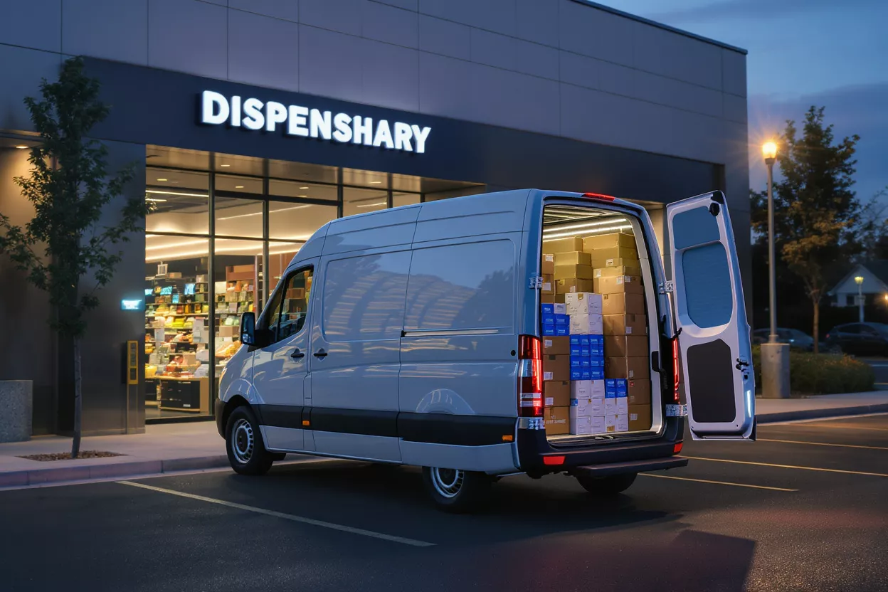 Delivery Van at Dispensary White delivery van with open rear doors full of boxes parked outside a dispensary at night.