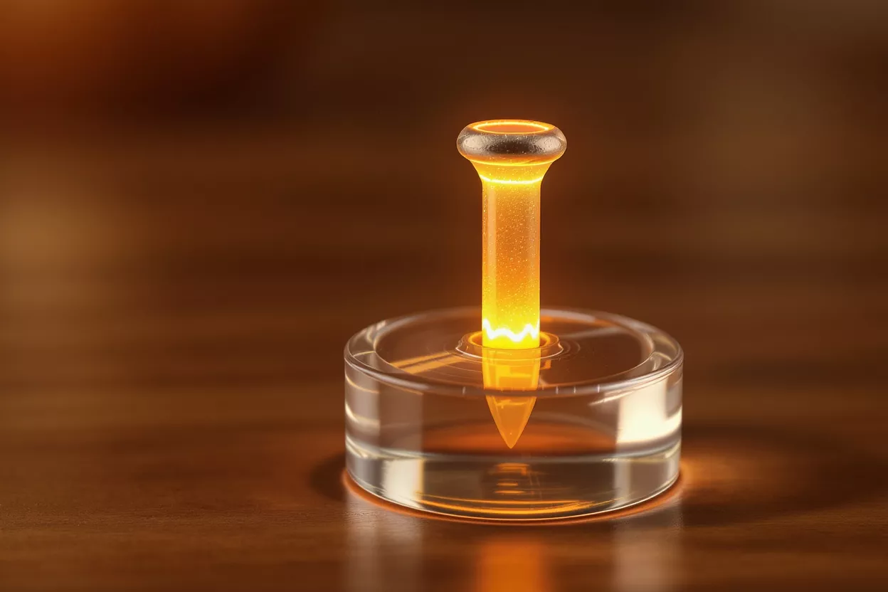 A glowing orange glass golf tee stands on a clear circular base.