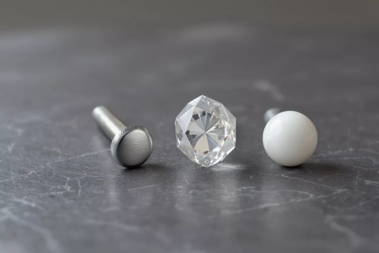 Three different drawer knobs: brushed metal, faceted crystal, and white ceramic ball.