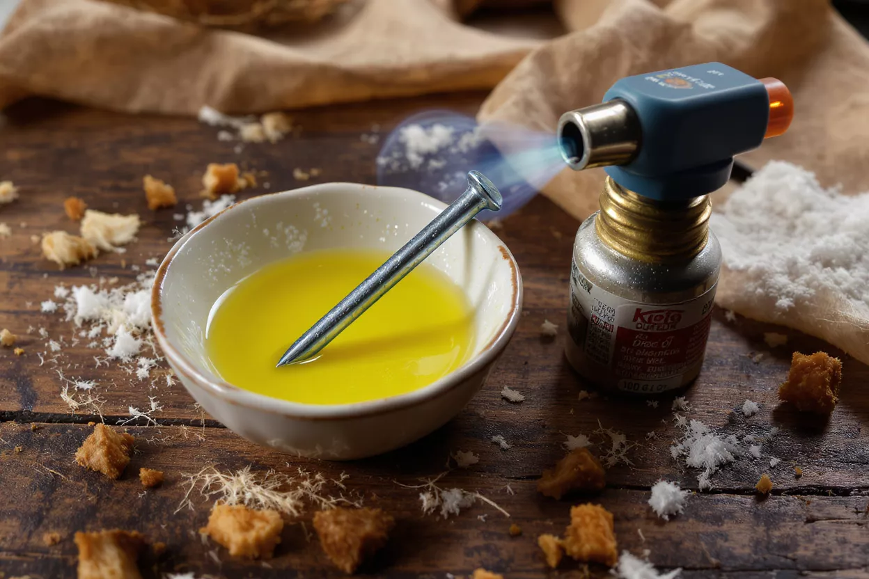 A metal nail in a bowl of yellow liquid, with a lit torch nearby.