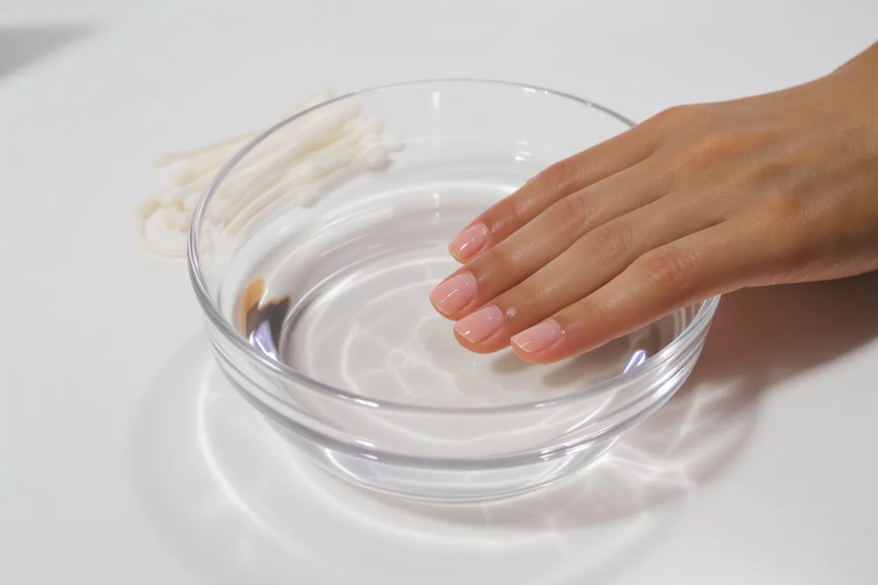 A hand with light pink nails soaking in a clear bowl of water.