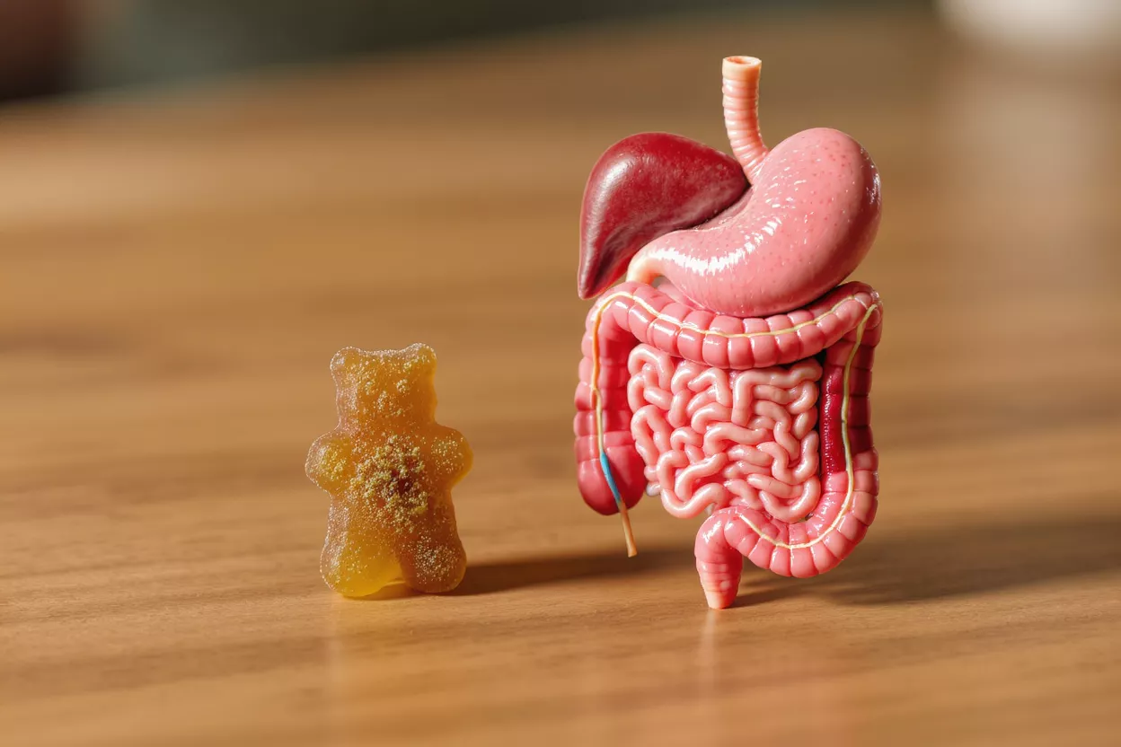 Gummy Bear and Digestive System A gummy bear next to a model of the human digestive system.