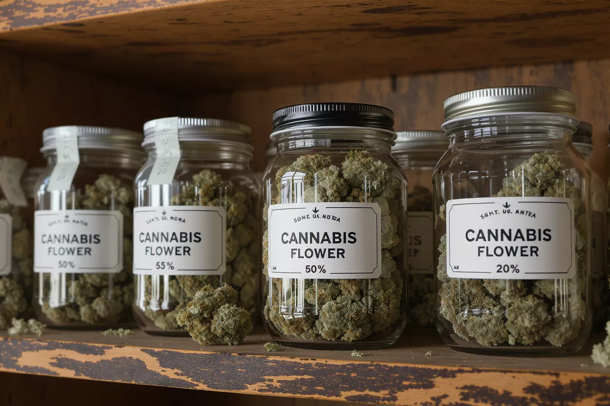 Cannabis Flower Jars on Shelf Glass jars filled with cannabis flower, labeled with percentages, on a wooden shelf.