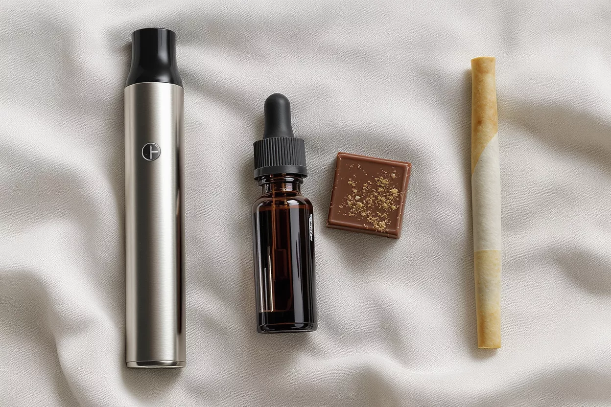 Cannabis Products Assortment A vape pen, dropper bottle, chocolate edible, and pre-roll on white fabric.