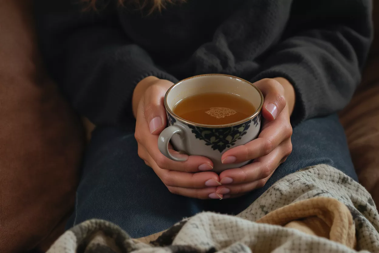 Cozy Hands Holding Tea Close-up of hands holding a warm cup of tea with a blanket.