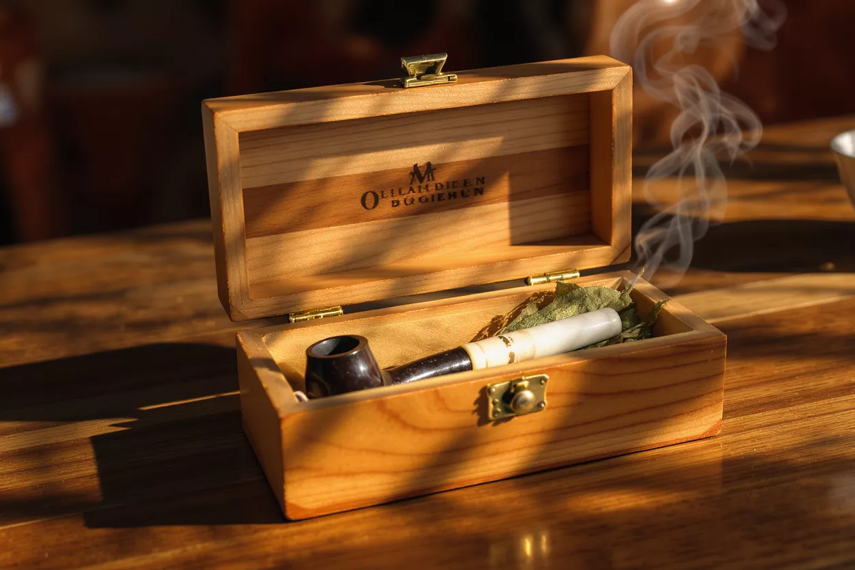 Wooden box with an open lid, containing a smoking pipe and tobacco.