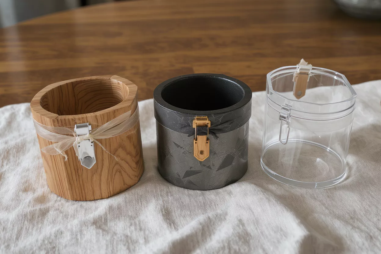 Three unique decorative containers: wood, dark textured, and clear plastic, each with a clasp.