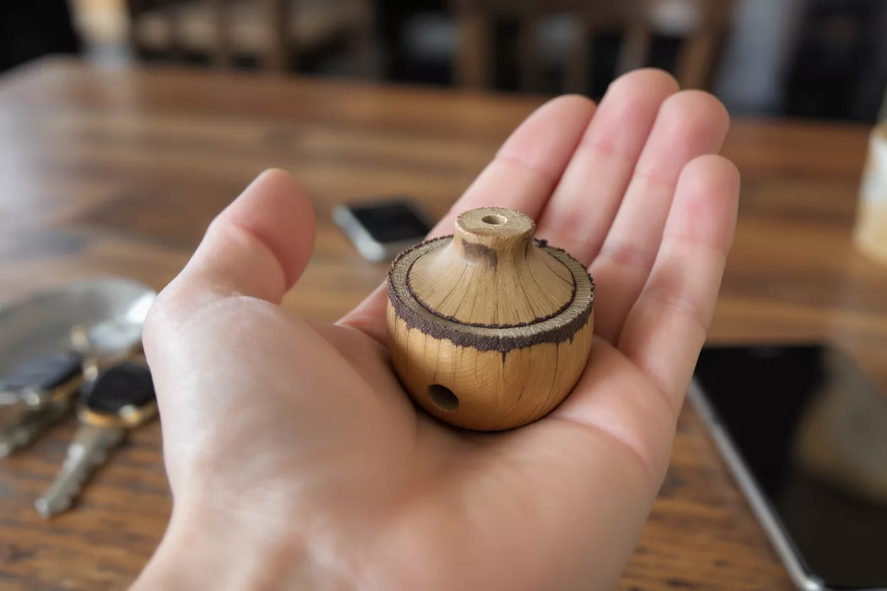 A hand holds a small, light brown wooden spinning top with a dark rim.
