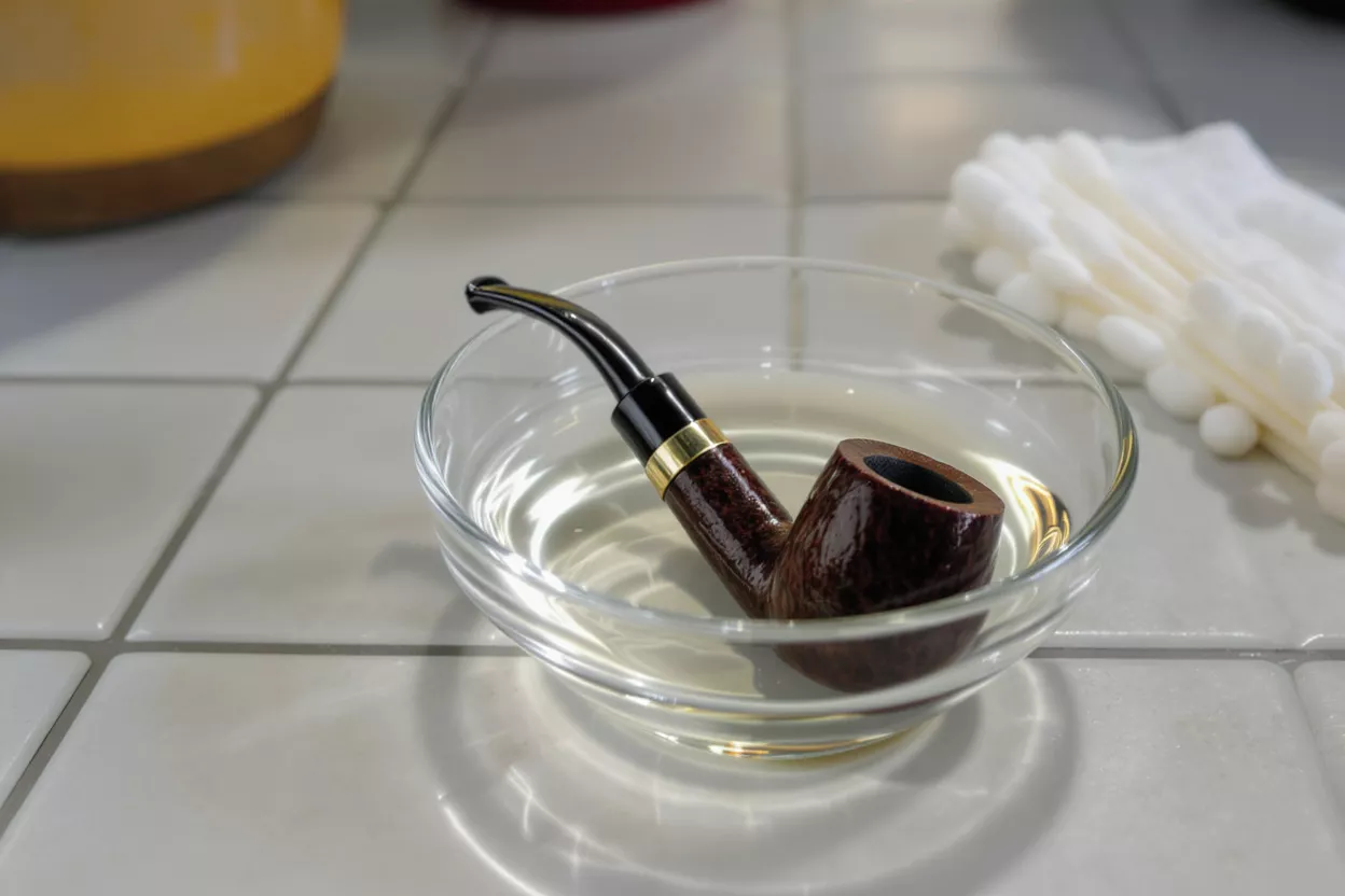 A wooden tobacco pipe soaking in a clear glass bowl of liquid on a tiled surface.