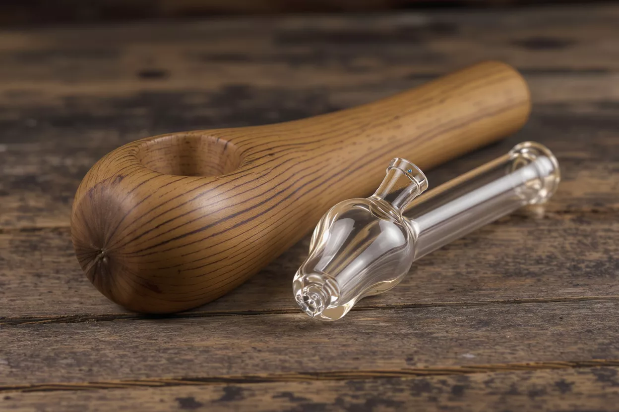 Wooden pipe and clear glass attachment on a rustic wooden surface.
