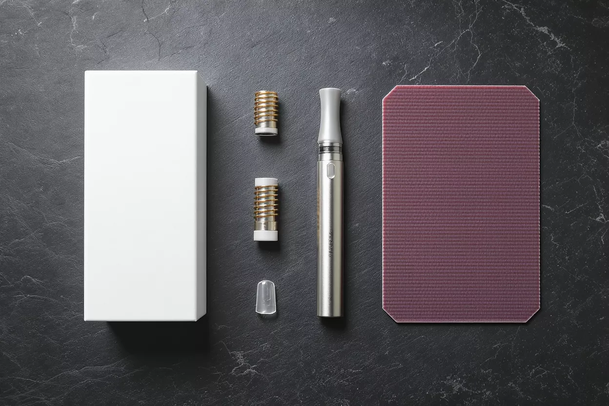Vape kit components: white box, vape pen, two coils, and a purple mat.