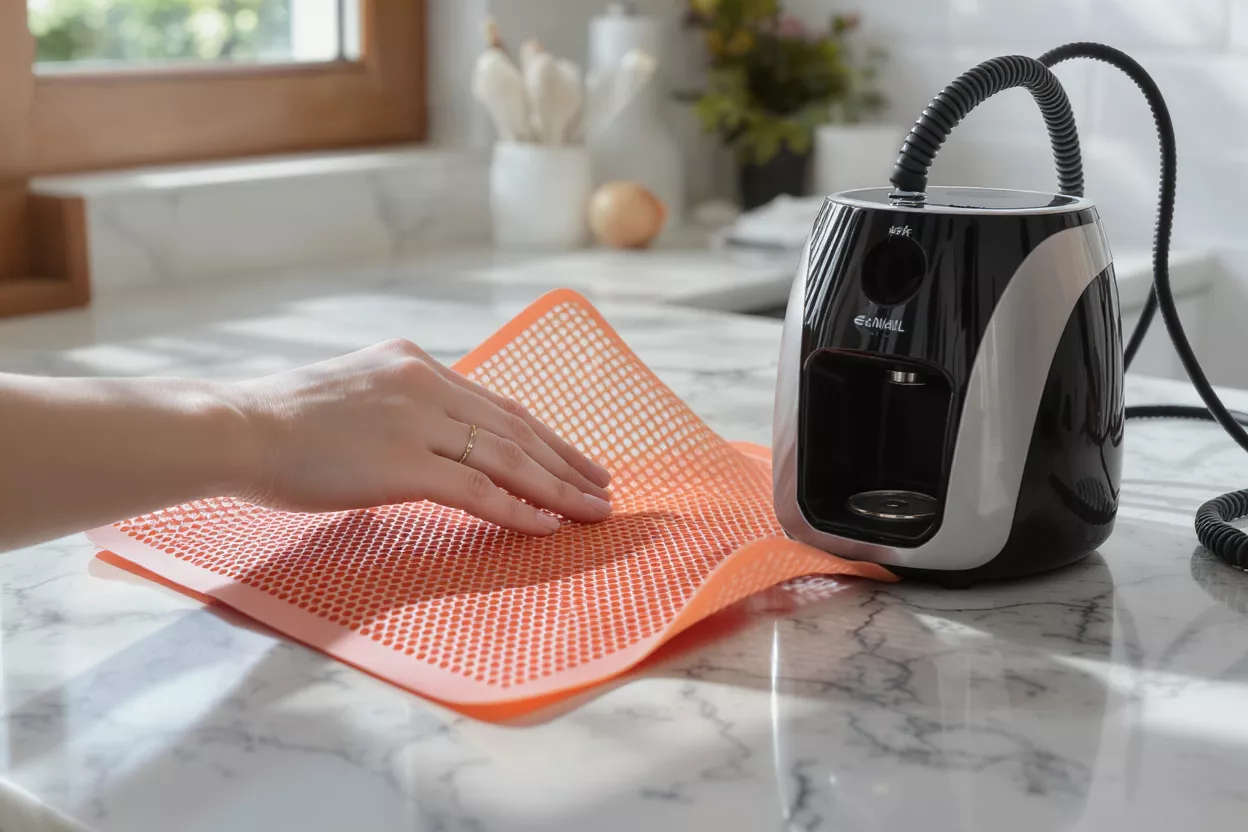 A hand adjusts an orange silicone mat next to a black and silver coffee maker.