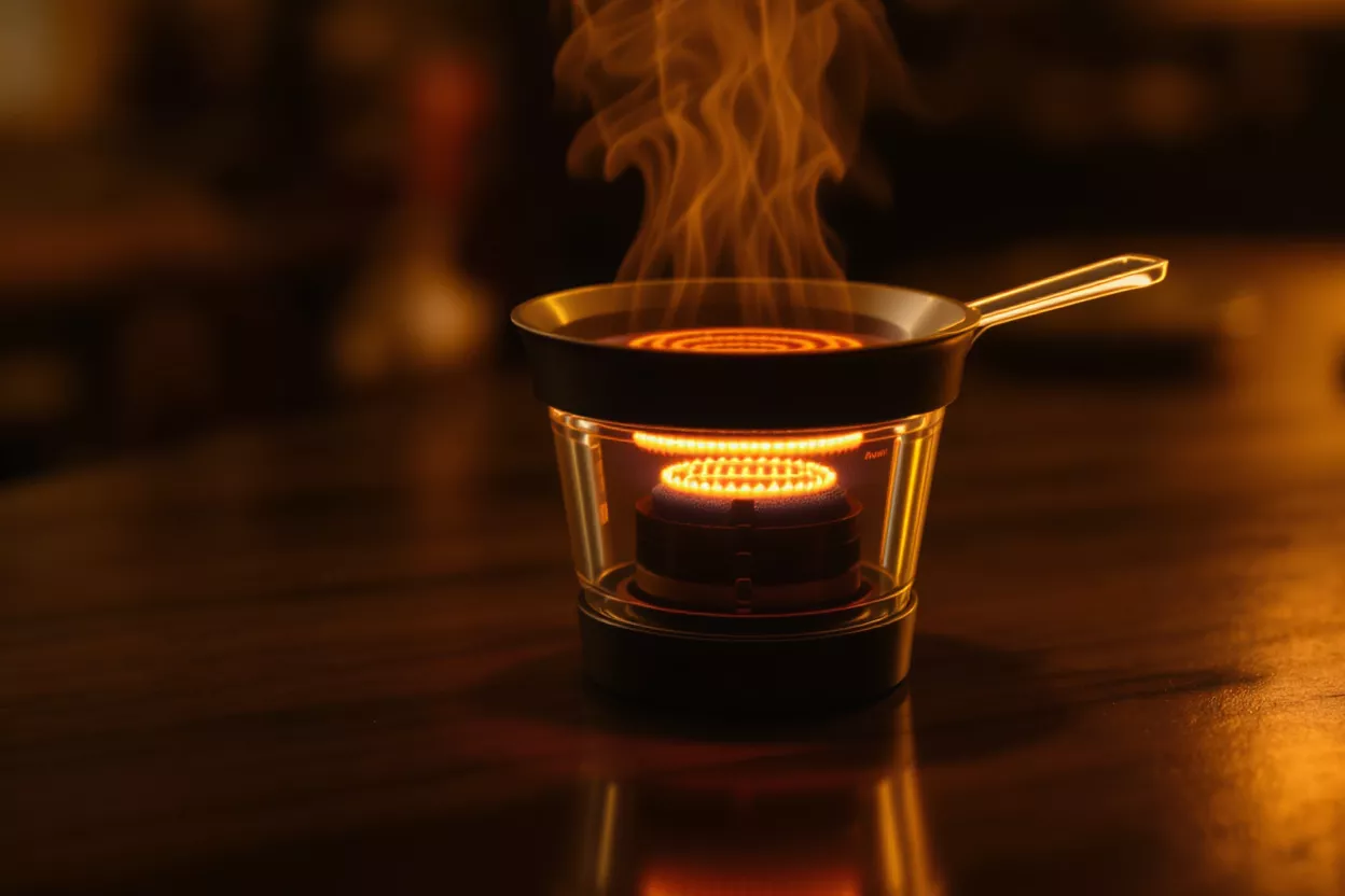 A portable electric burner with a small pan and steam rising, on a dark surface.
