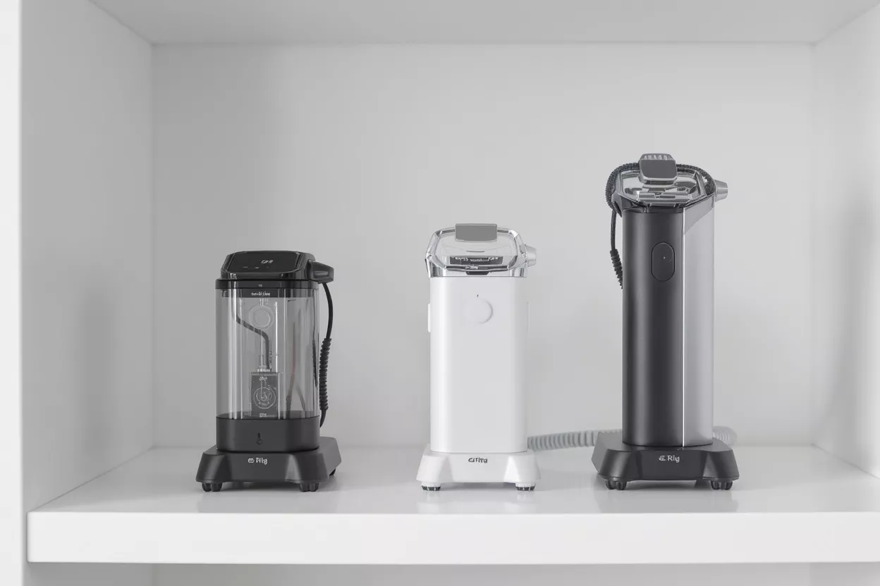 Three different electric shaver cleaning stations on a white shelf.