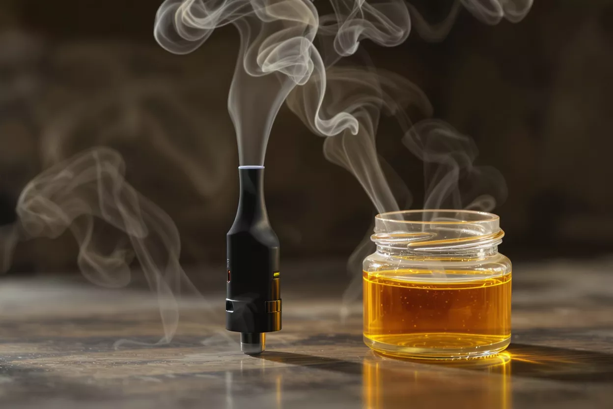 A black vape pen emitting smoke next to a jar of golden e-liquid.