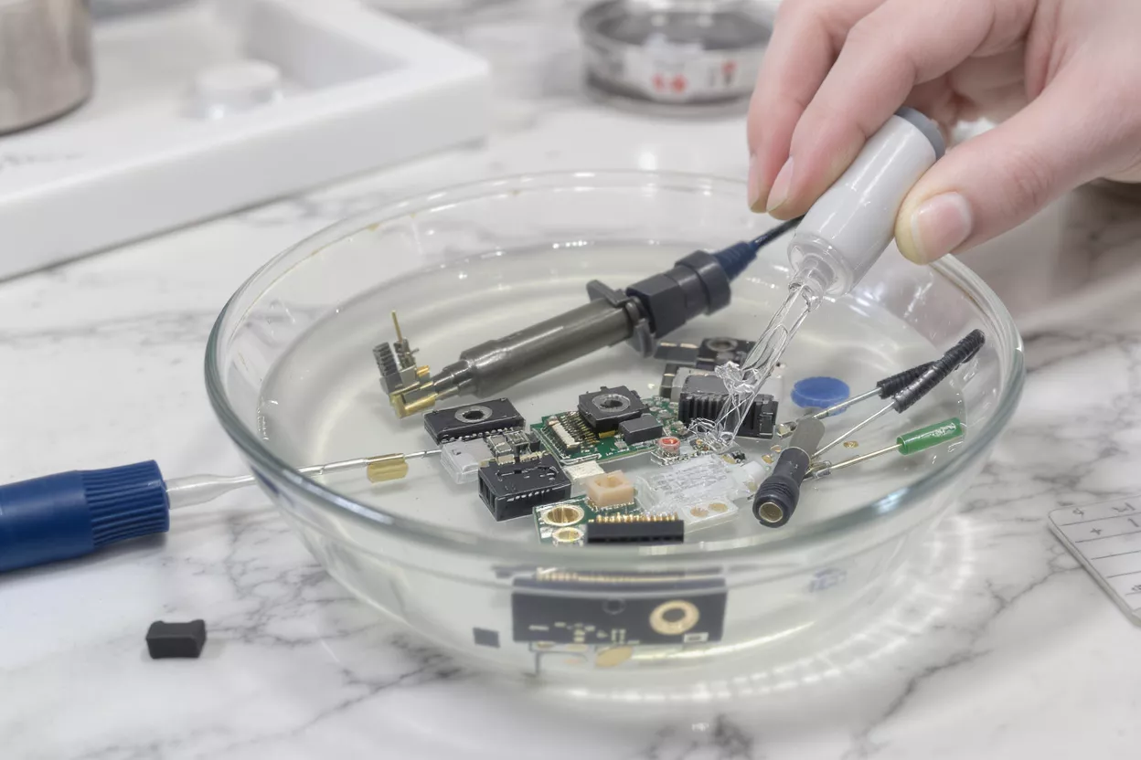 Hand applying liquid to electronic components submerged in a clear bowl of water.