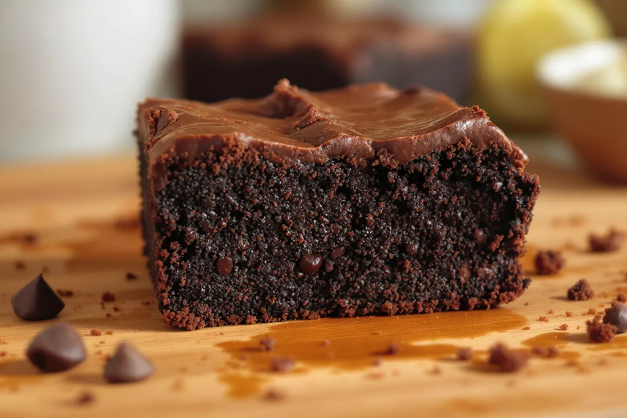 A close-up of a decadent chocolate fudge brownie with frosting on a wooden board.