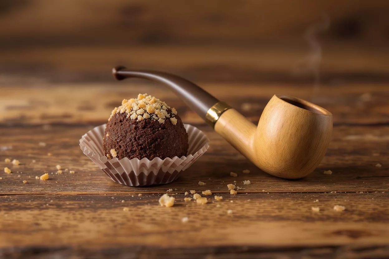 A chocolate truffle with sprinkles next to a wooden smoking pipe on a wooden table.