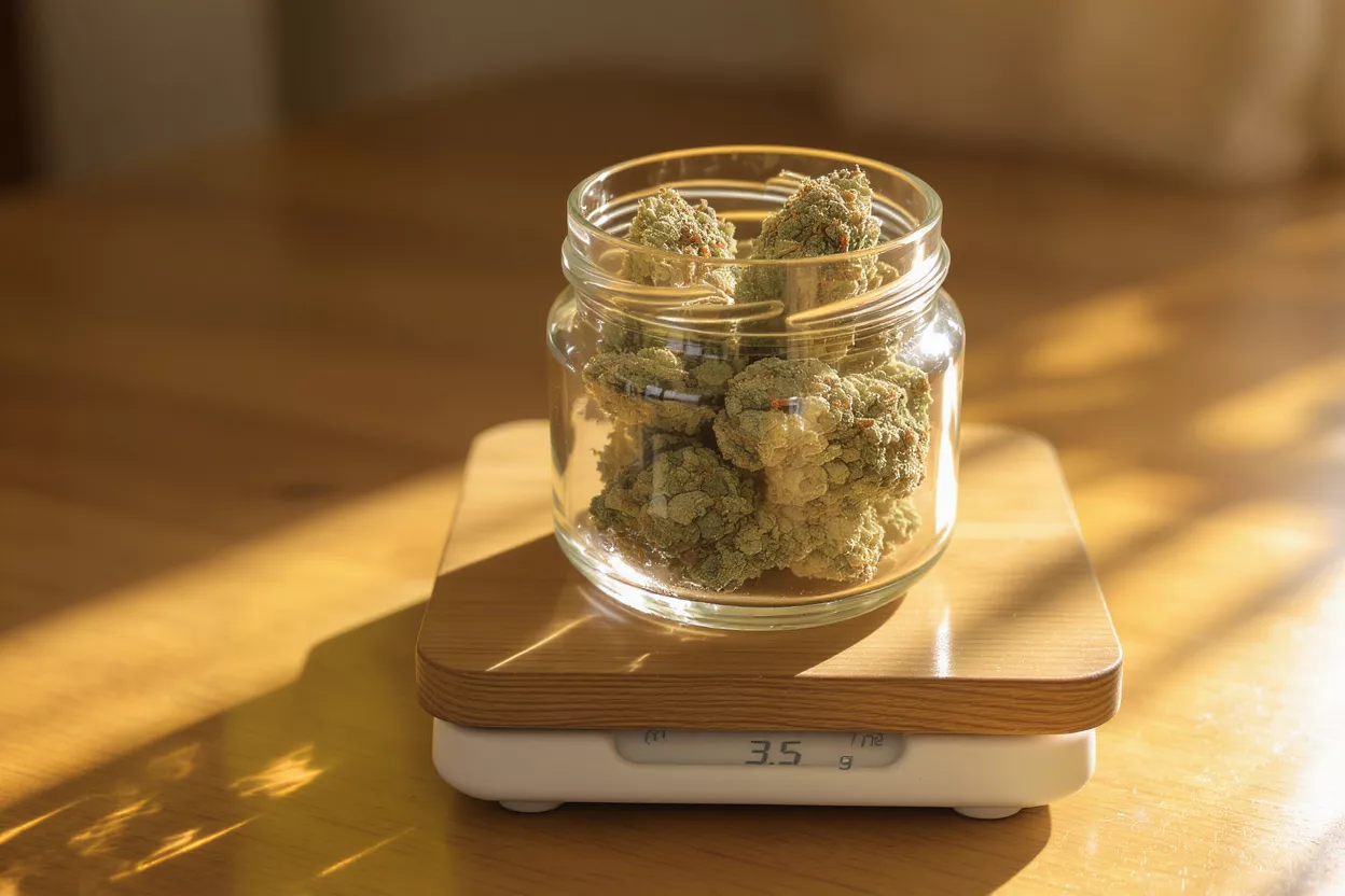 Cannabis buds in a glass jar on a digital scale displaying 3.5 grams.