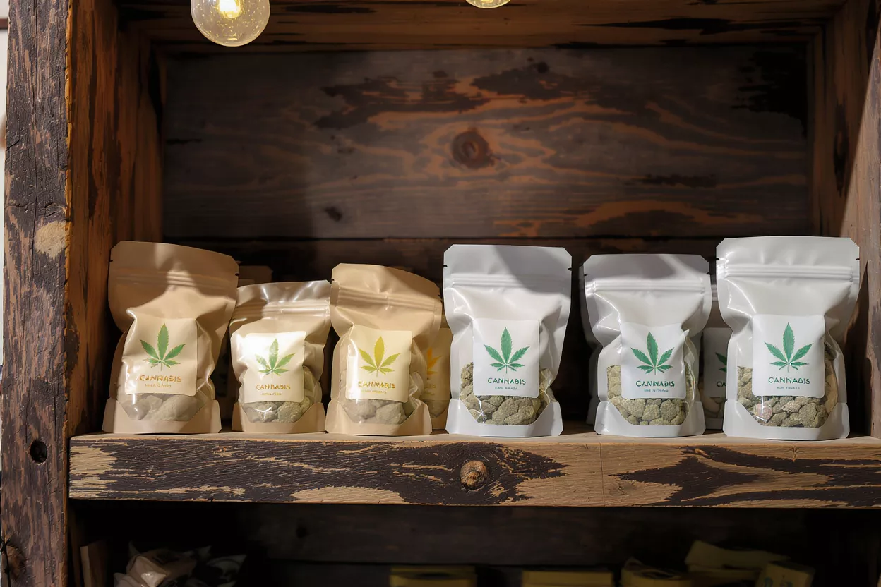 Various cannabis products in branded pouches displayed on a rustic wooden shelf.