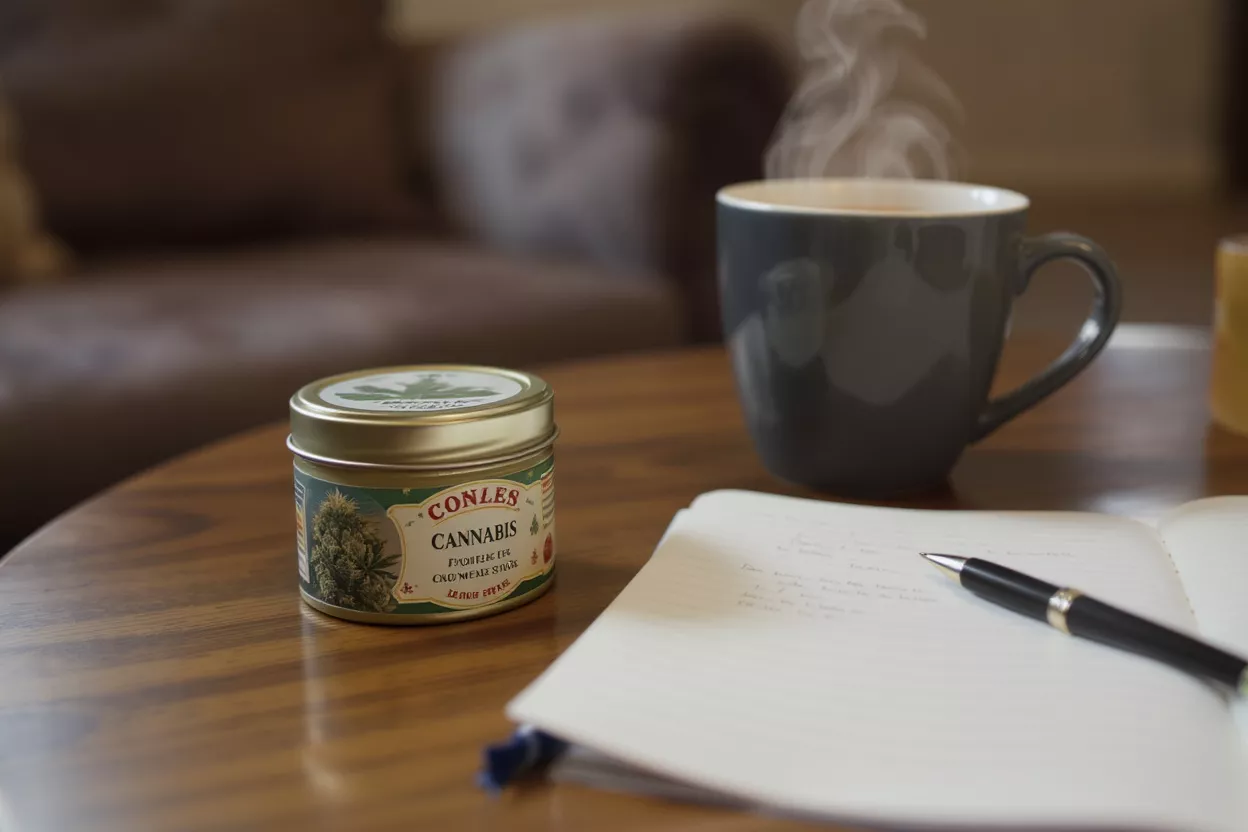 Cannabis tea tin, steaming coffee mug, and notebook with pen on a wooden table.