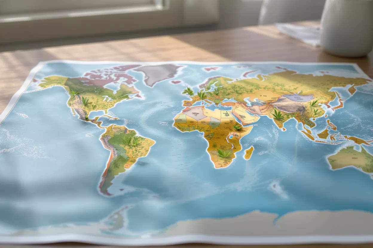 World map showing cannabis plants growing on different continents, suggesting global distribution.