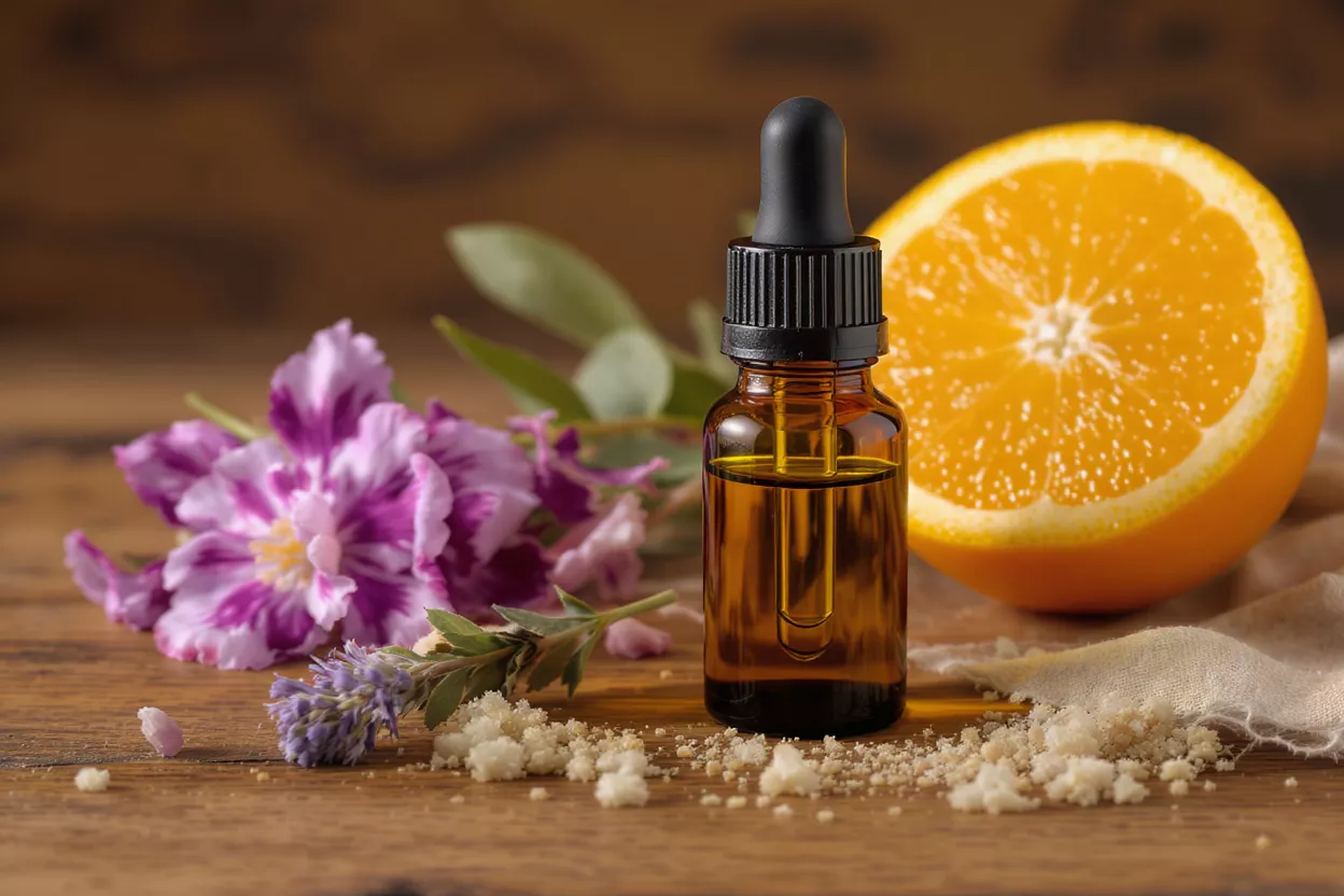 Orange and Floral Essential Oil Amber dropper bottle of essential oil with orange, flowers, and natural elements.