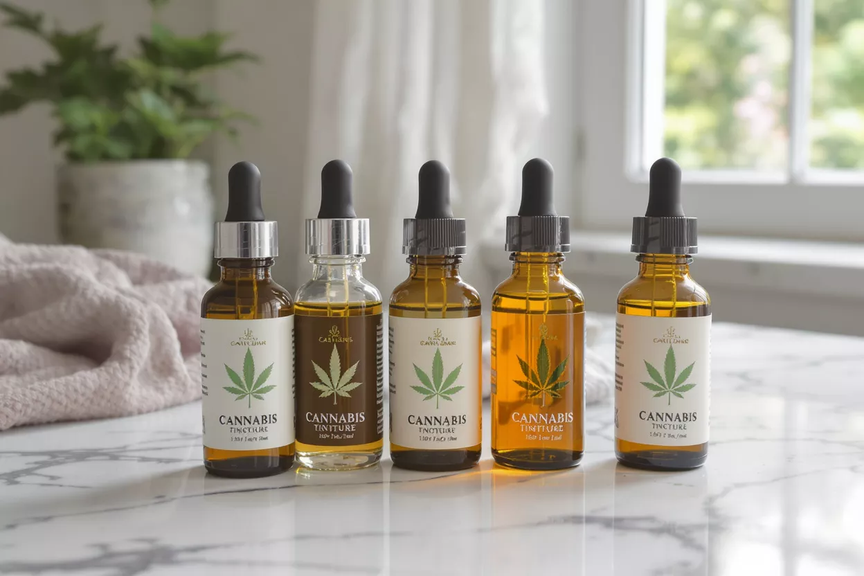 Cannabis Tincture Bottles Five cannabis tincture bottles with droppers on a marble counter, green plant in background.
