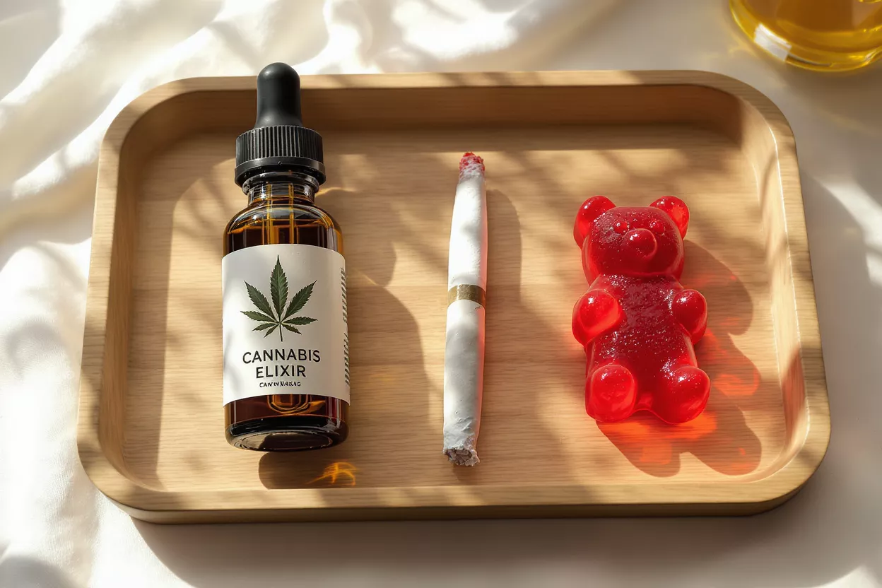 Cannabis Elixir, Joint, and Gummy Bear Cannabis elixir bottle, joint, and red gummy bear on a wooden tray.