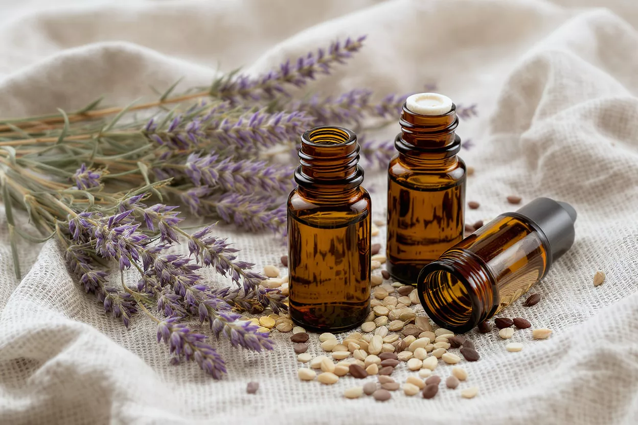 Tres botellas ámbar de aceite esencial con ramitas de lavanda y semillas sobre lino.