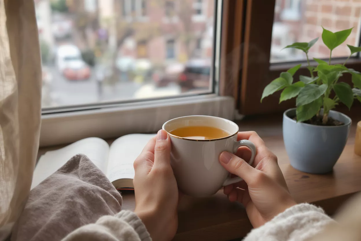 Manos sosteniendo una taza de té humeante junto a una ventana con un libro y una planta.