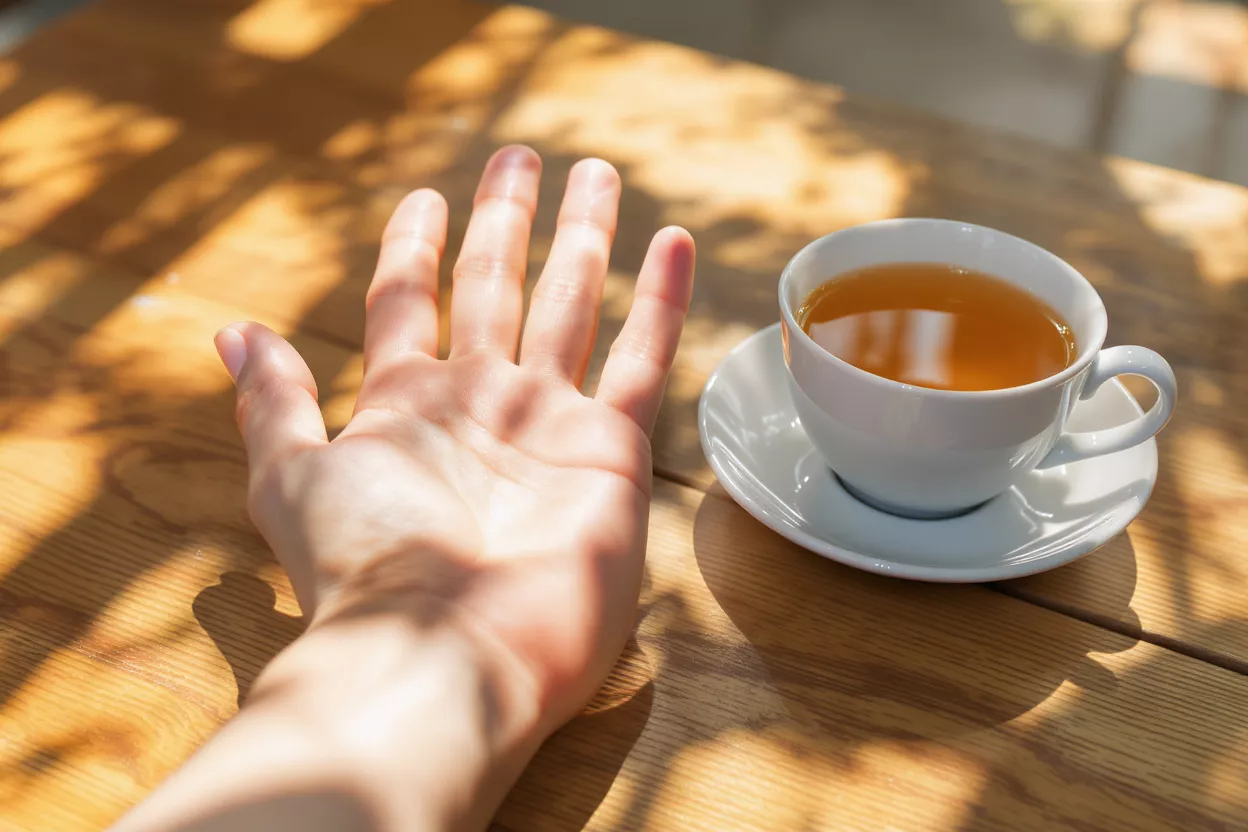 Mano y taza de té a la luz del sol Una mano y una taza de té blanca sobre una mesa de madera, salpicada de luz solar.