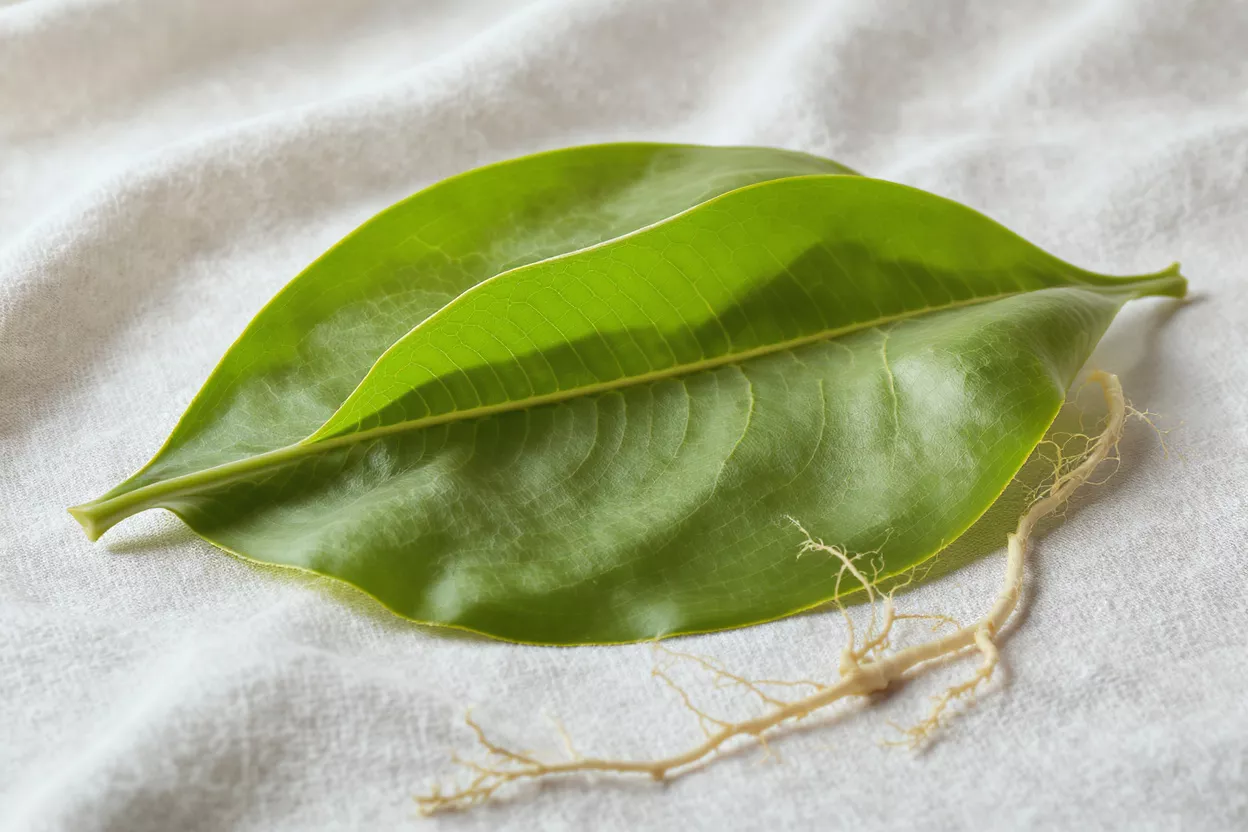 Hojas verdes frescas y raíz Dos hojas verdes vibrantes y una raíz delicada sobre una tela blanca texturizada.