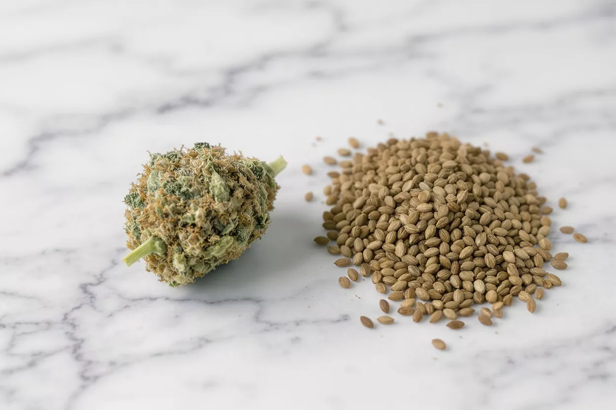 Cogollo de Cannabis y Semillas de Cáñamo Un cogollo de cannabis junto a un montón de semillas de cáñamo sobre una superficie de mármol blanco.