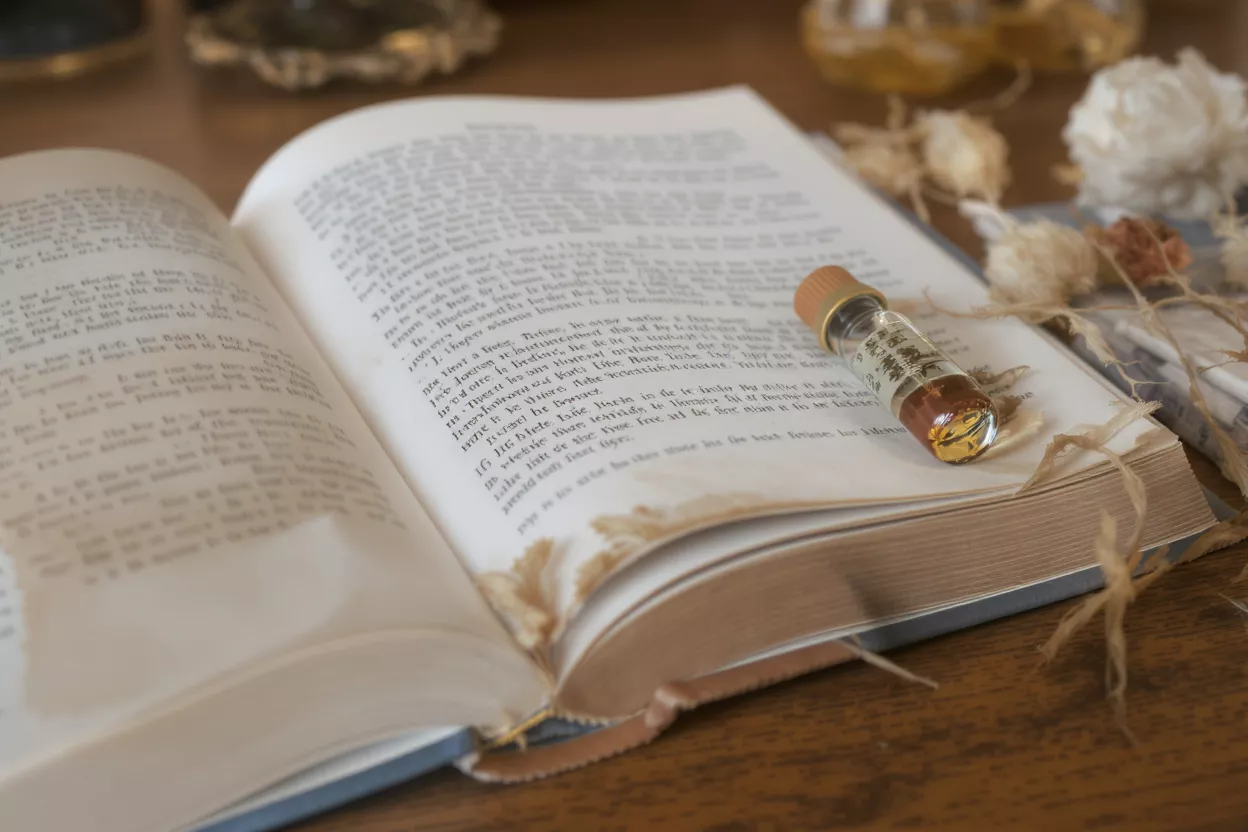 Libro vintage con frasco de perfume Libro vintage abierto con un pequeño frasco de perfume descansando sobre sus páginas.