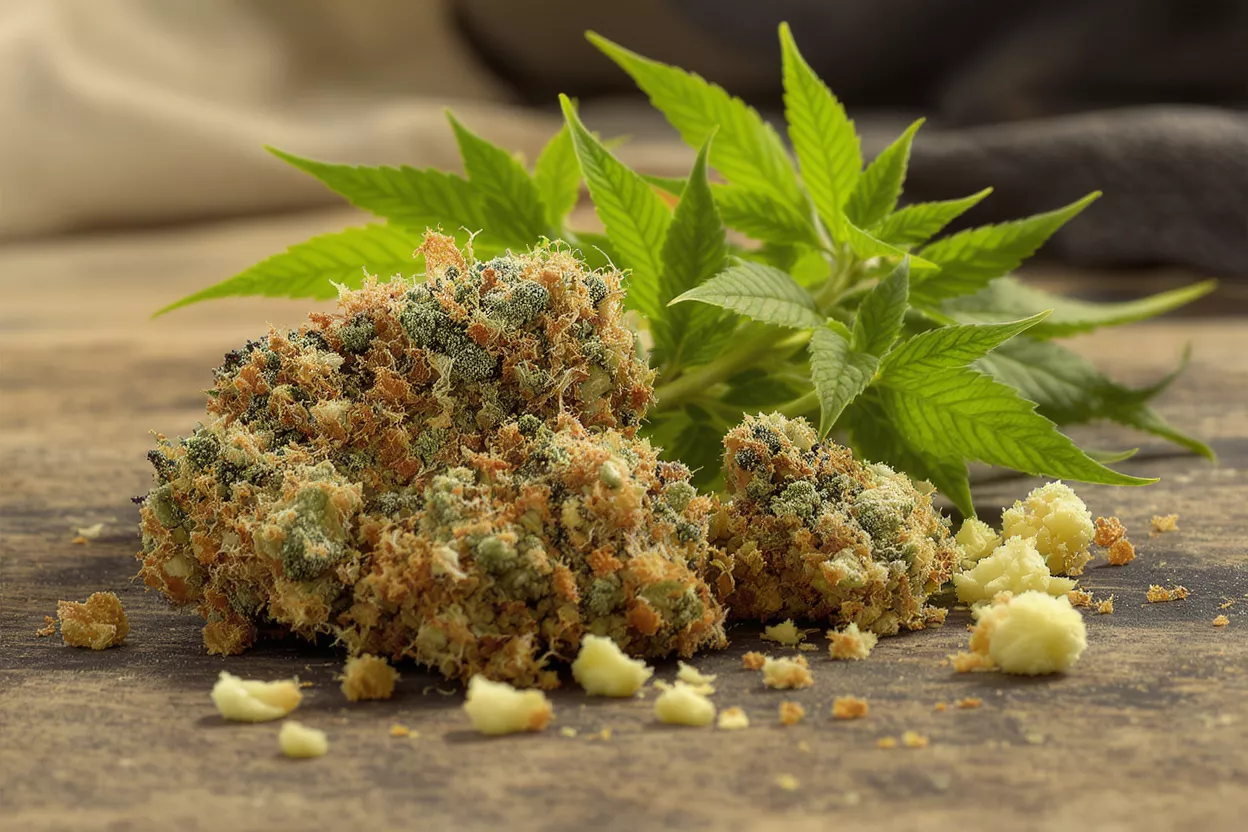 Bourgeons et Feuilles de Cannabis Gros plan de bourgeons de cannabis, feuilles vertes et crumble sur une surface en bois.
