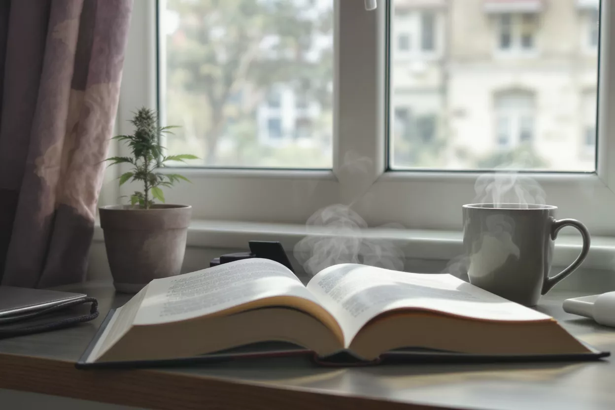Lecture relaxante avec une plante de cannabis Livre ouvert, tasse fumante et plante de cannabis sur un rebord de fenêtre.