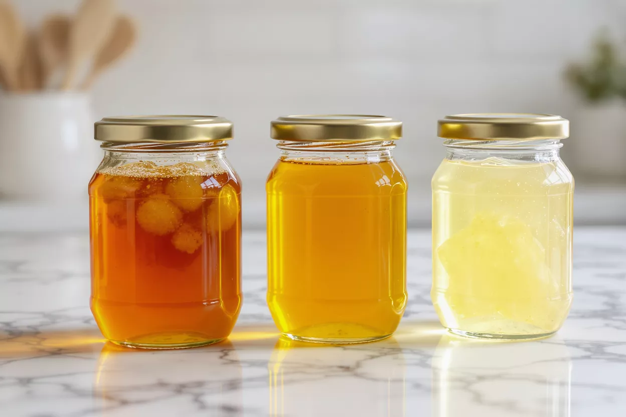 Trois pots de miel Trois pots de miel en verre avec des couvercles dorés sur un comptoir en marbre blanc.