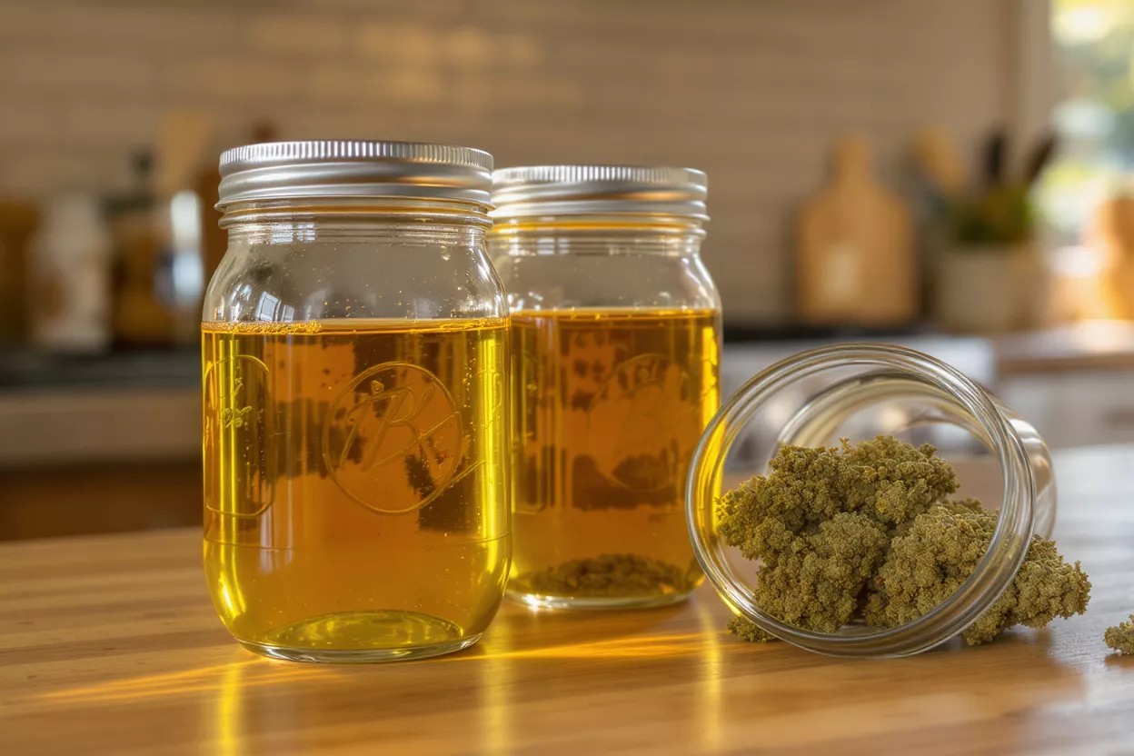 Two jars of golden cannabis oil and a jar of cannabis flower on a wooden counter.