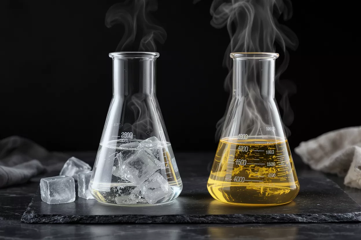Two steaming beakers, one with ice water, one with yellow liquid, on a dark surface.