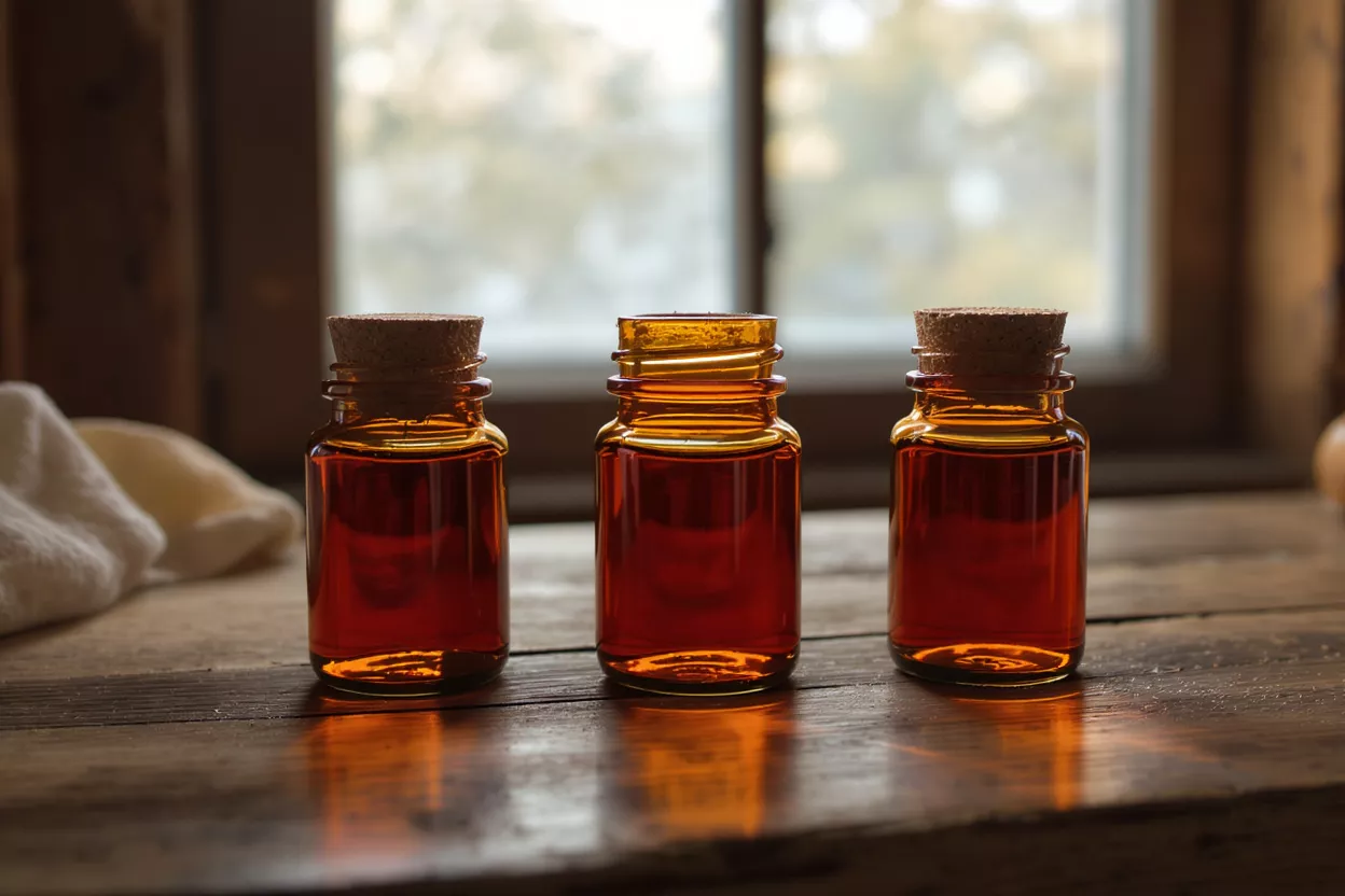 Three amber glass bottles with cork stoppers filled with liquid on a wooden surface.