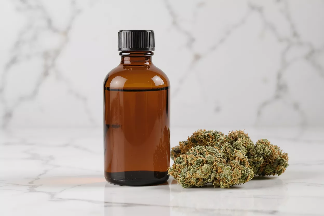 Amber glass bottle of CBD oil next to cannabis buds on a white marble surface.
