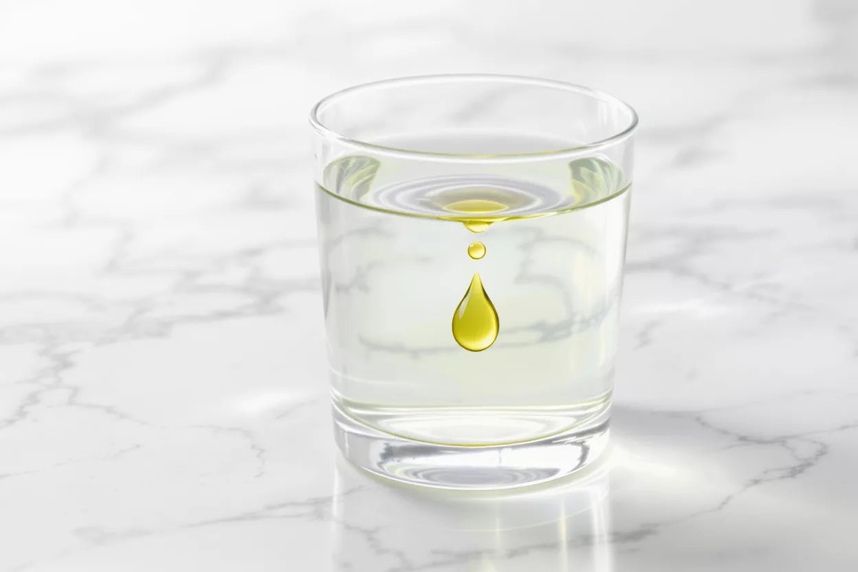 A golden oil drop falling into a glass of clear water on a marble surface.
